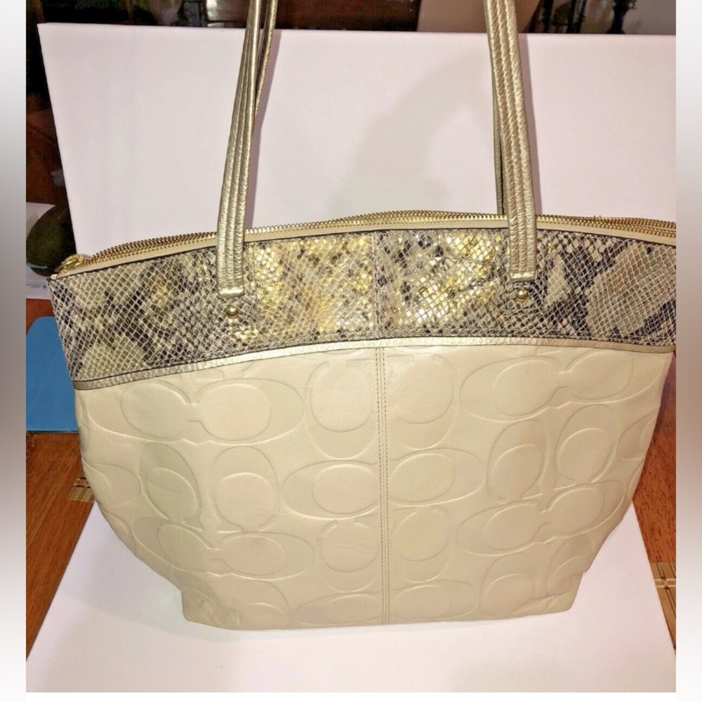 coach beige leather snakeskin embossed large tote women's handbag